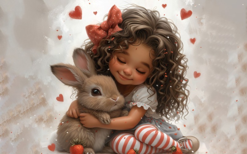 Girl Hugging with Bunny 140 Illustration