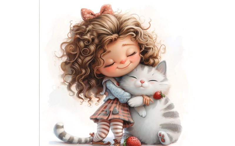 Girl Hugging with Cat 101 Illustration
