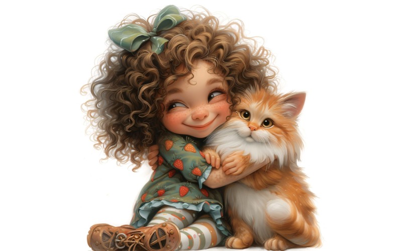 Girl Hugging with Cat 102 Illustration