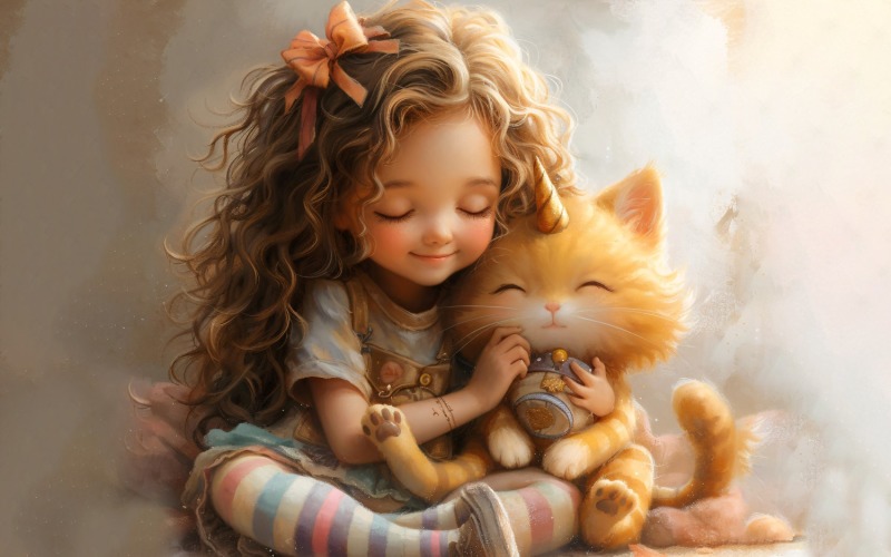 Girl Hugging with Cat 173 Illustration