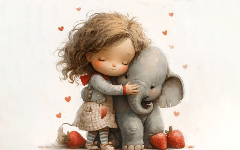 Girl Hugging with Elephant 141 Illustration