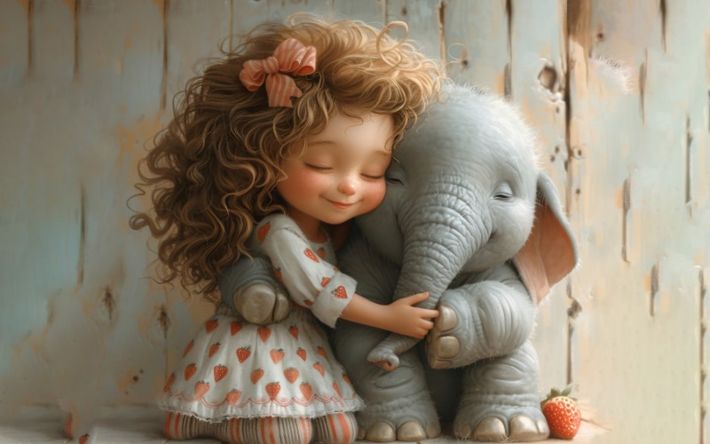 Girl Hugging with Elephant 142 Illustration