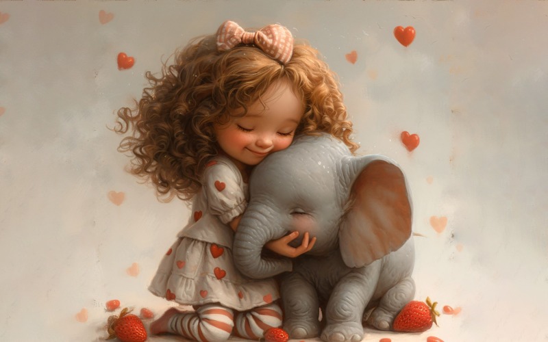 Girl Hugging with Elephant 143 Illustration