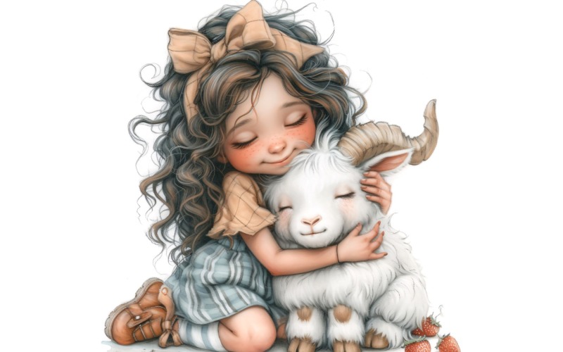 Girl Hugging with Goat 103 Illustration