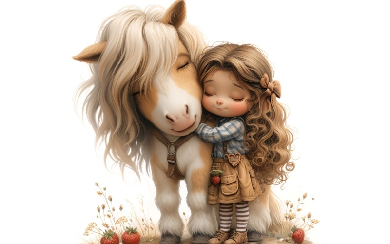 Girl Hugging with Horse 123 Illustration