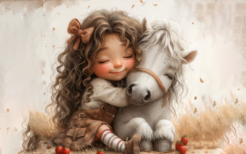 Girl Hugging with Horse 124 Illustration