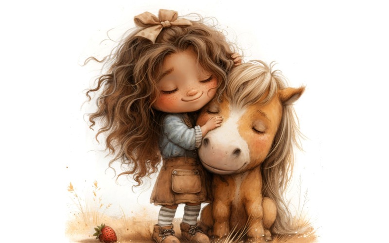 Girl Hugging with Horse 125 Illustration