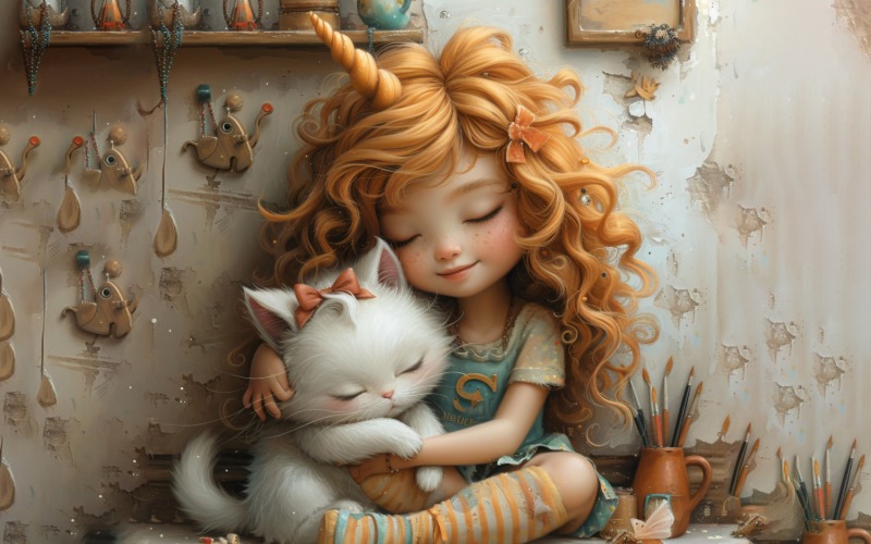 Girl Hugging with Kitty 174 Illustration