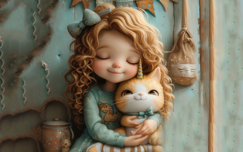 Girl Hugging with Kitty 175 Illustration