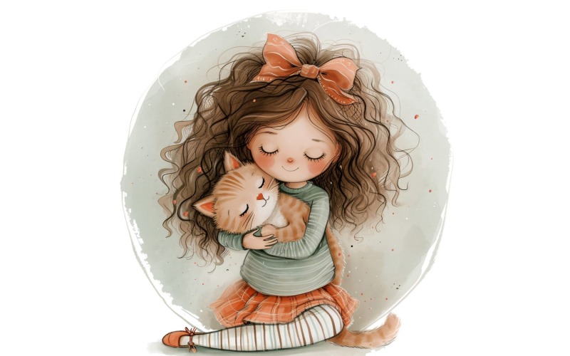 Girl Hugging with Kitty 183 Illustration