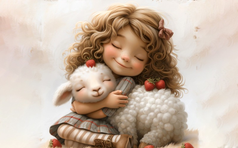 Girl Hugging with Lamb 145 Illustration