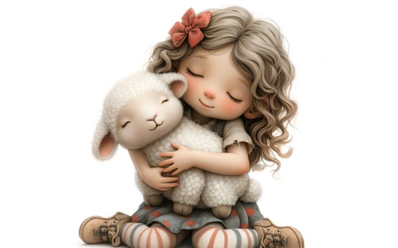 Girl Hugging with Lamb 146 Illustration