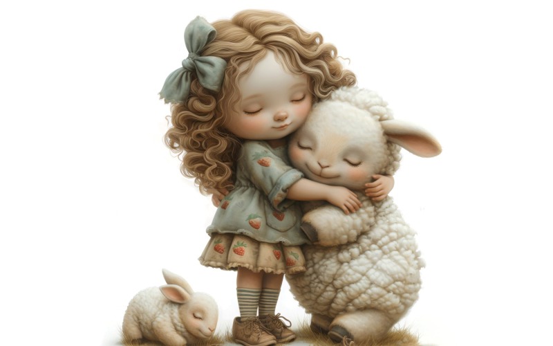 Girl Hugging with Lamb 147 Illustration