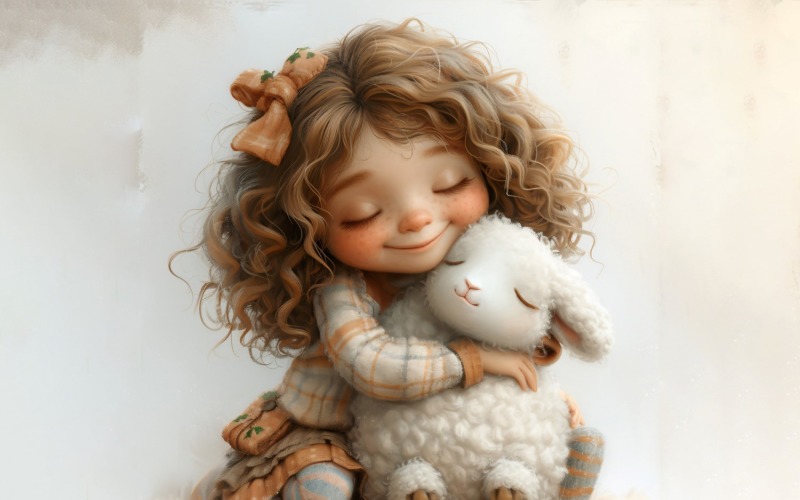 Girl Hugging with Lamb 148 Illustration