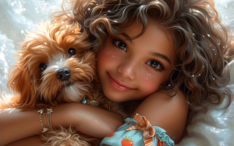 Girl Hugging with Puppy 177 Illustration