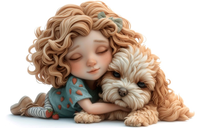 Girl Hugging with Puppy 179. Illustration