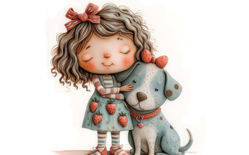 Girl Hugging with Quirky dog 164 Illustration