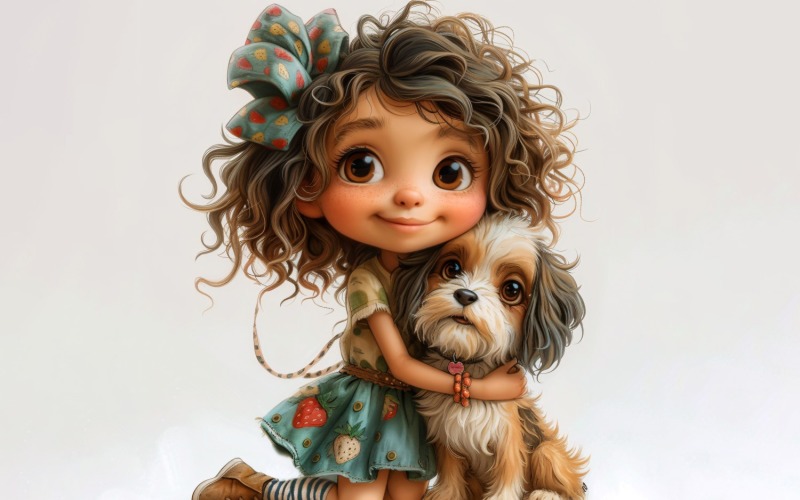 Girl Hugging with Quirky dog 167 Illustration