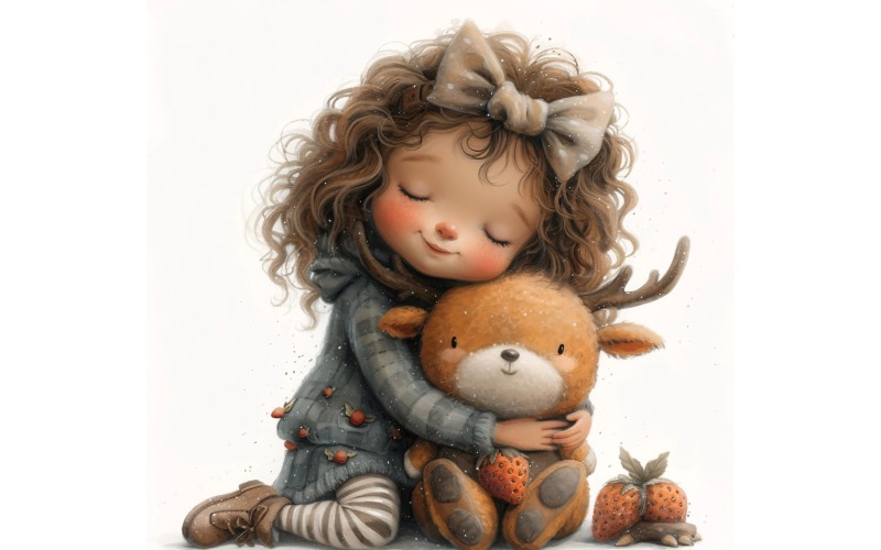 Girl Hugging with Red Deer 153 Illustration