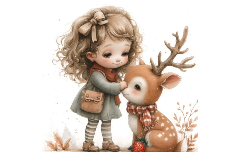 Girl Hugging with Red Deer 154 Illustration