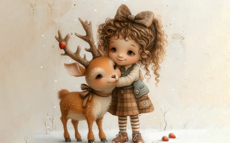 Girl Hugging with Red Deer 155 Illustration