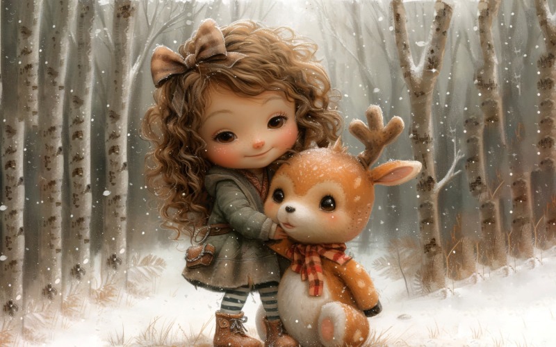 Girl Hugging with Red Deer 156 Illustration