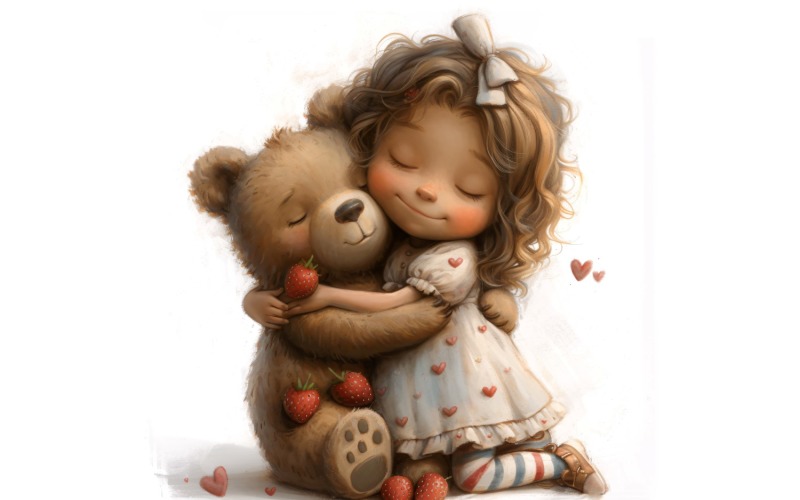 Girl Hugging with Teddy bear 127 Illustration