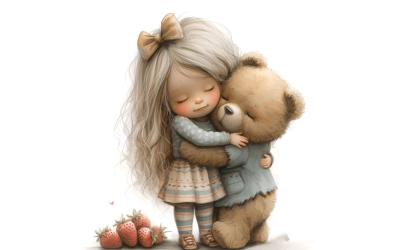 Girl Hugging with Teddy bear 149 Illustration