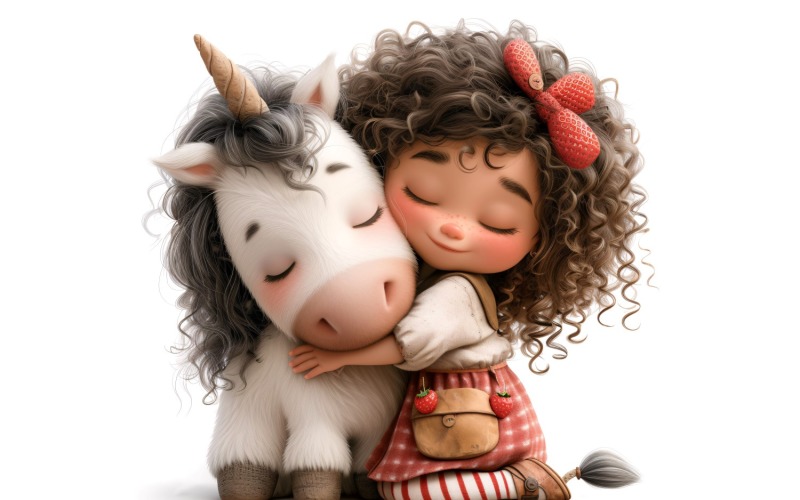 Girl Hugging with Unicorn 135 Illustration