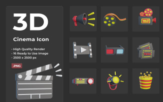 3D Cinema Icon Set Design