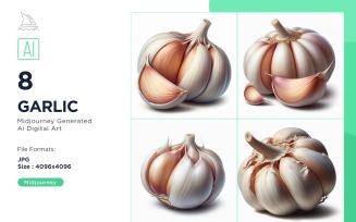 Fresh Garlic Vegetable on White Background Set