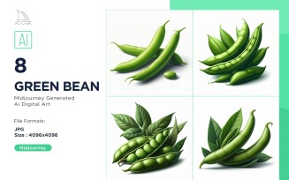 Fresh Green bean Vegetable on White Background Set