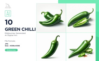 Fresh Green chilli Vegetable on White Background Set