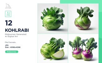 Fresh Kohlrabi Vegetable on White Background Set