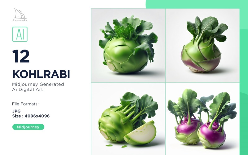 Fresh Kohlrabi Vegetable on White Background Set Illustration