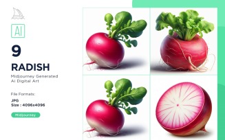 Fresh Radish Vegetable on White Background Set