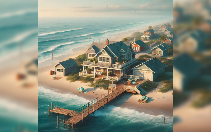 A beach house overlooking the shore Illustration