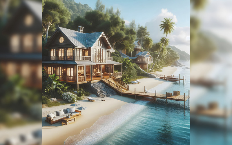 A beachfront home with views of the mountains and ocean in the distance ai generated photo Illustration