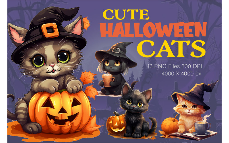 Cute Halloween cats. TShirt Sticker. Illustration