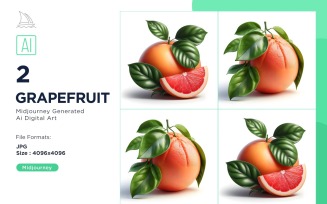 Fresh 2 Grapefruit fruit with green leaves isolated on white background Set