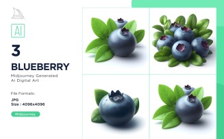 Fresh 3 Blueberry fruit with green leaves isolated on white background Set