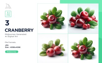 Fresh 3 Cranberry fruit with green leaves isolated on white background Set