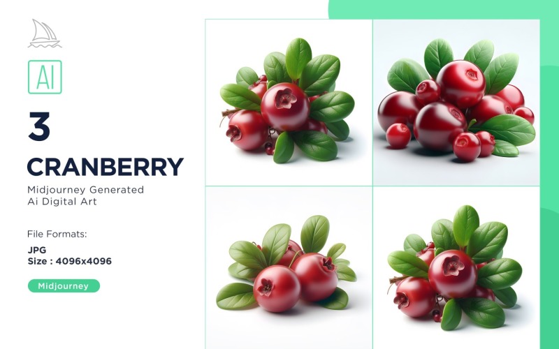 Fresh 3 Cranberry fruit with green leaves isolated on white background Set Illustration