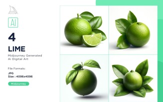 Fresh 4 Lime fruit with green leaves isolated on white background Set