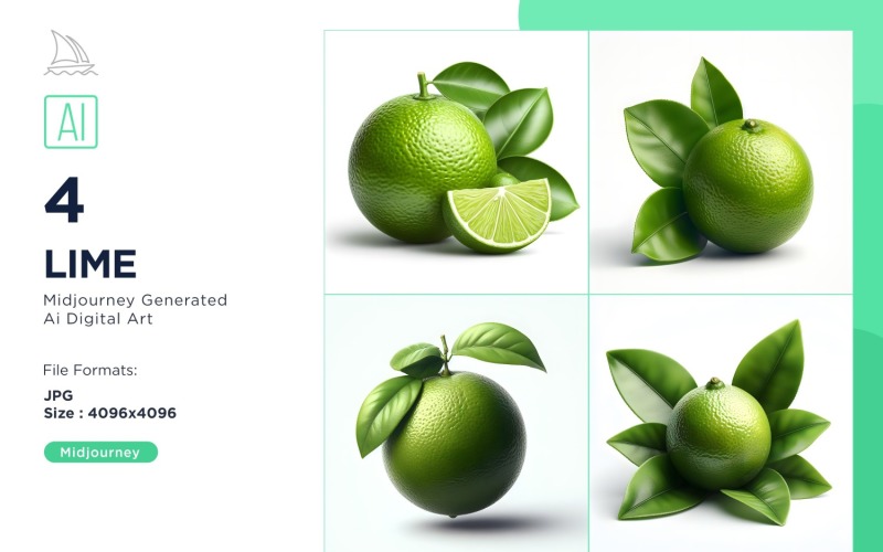 Fresh 4 Lime fruit with green leaves isolated on white background Set Illustration