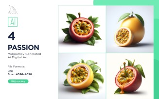 Fresh 4 Passion fruit with green leaves isolated on white background Set