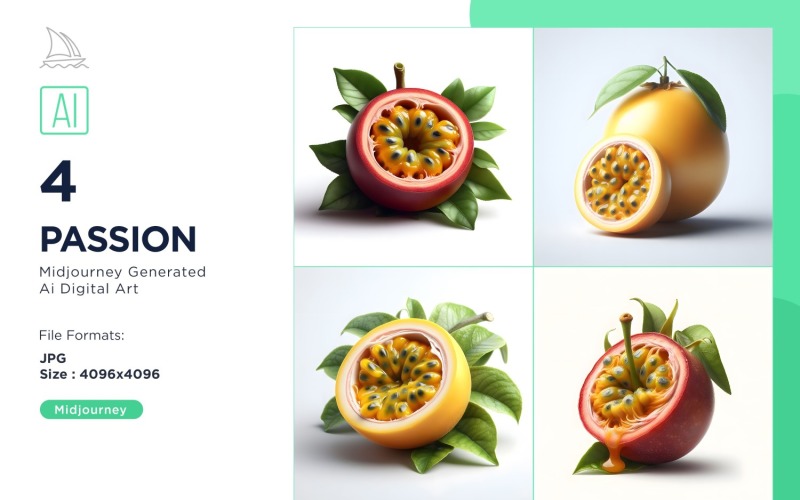 Fresh 4 Passion fruit with green leaves isolated on white background Set Illustration