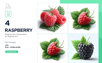 Fresh 4 Raspberry fruit with green leaves isolated on white background Set