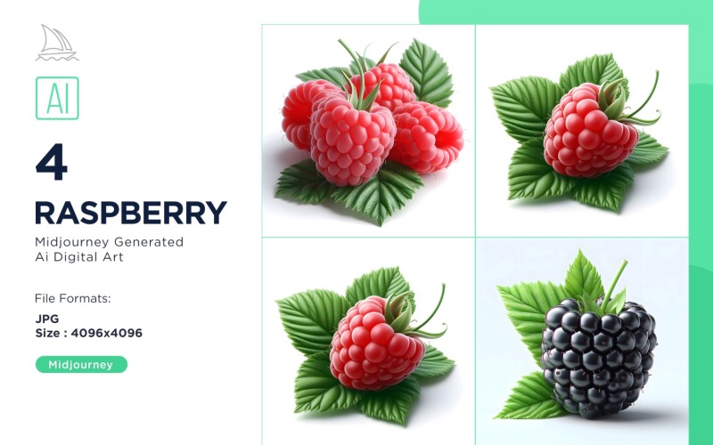 Fresh 4 Raspberry fruit with green leaves isolated on white background Set Illustration