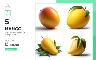 Fresh 5 Mango fruit with green leaves isolated on white background Set
